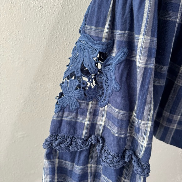 Free People blue plaid lace boho blouse size small - Picture 4 of 7